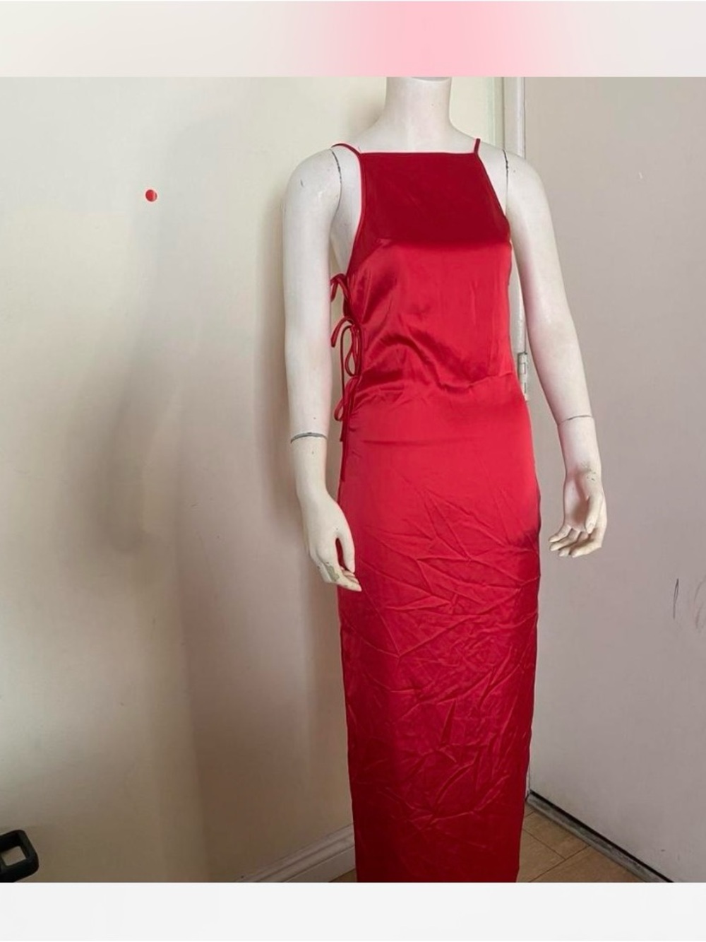 Zara Red Satin Maxi Slip Dress with Side Tie